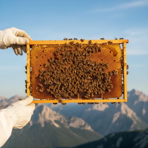 Дасти занбӯриасалпарвар бо рамкаи асал дар пасзаминаи кӯҳҳо