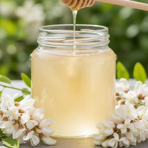 Асали акатсияи тиллоии равшан дар банка бо гулҳои сафед