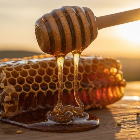 Асали кӯҳии торики янтарӣ, ки аз қошуқи чӯбӣ мечакад