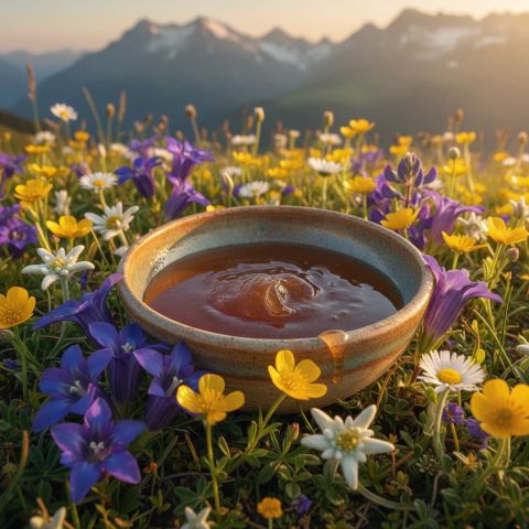 Асали гуногулгиёҳи янтарӣ бо гулҳои алпӣ дар чарогоҳи кӯҳӣ