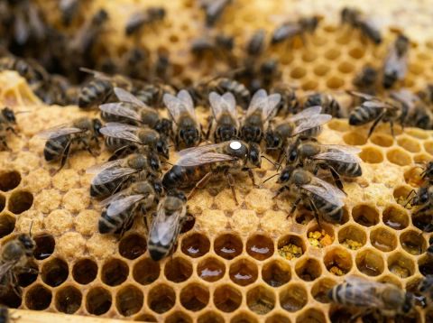 Carnica Sklenar queen bee on a honeycomb frame